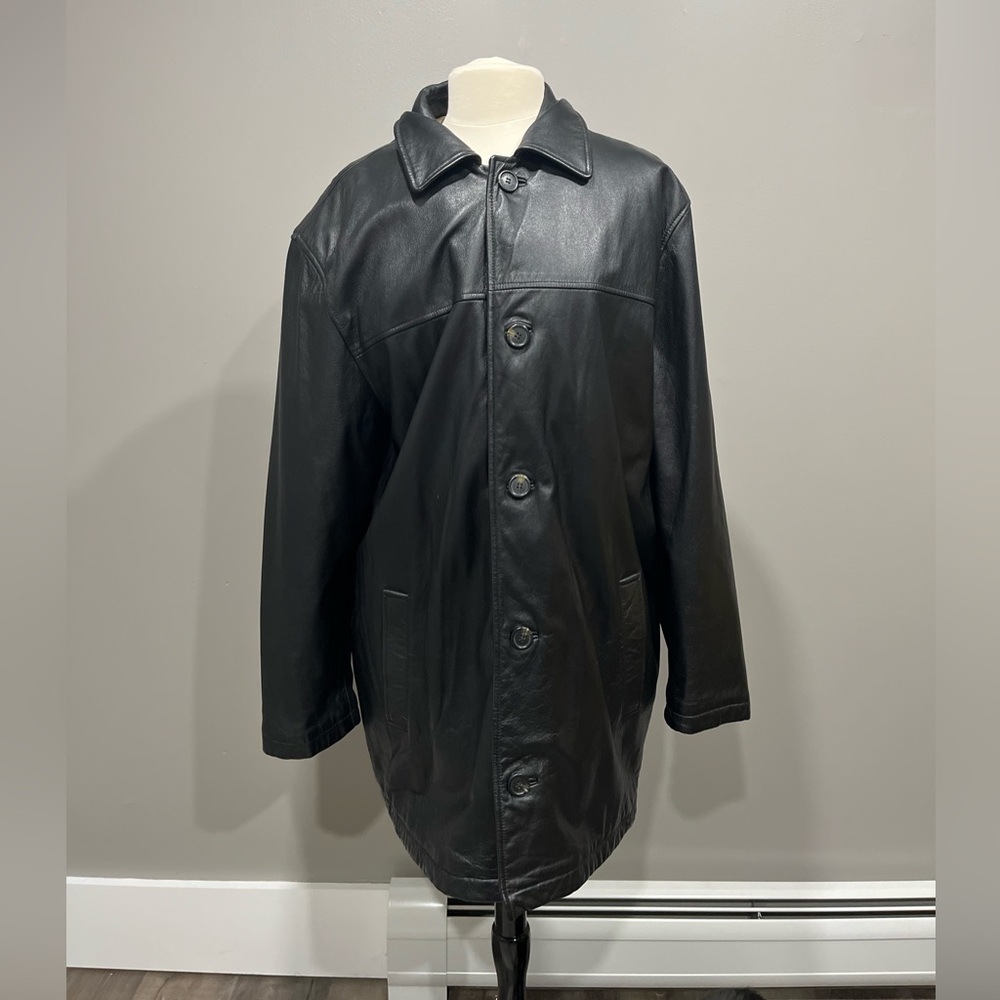 Mens Vintage Dockers Black Genuine‎ Leather Jacket Coat l Button Up Heavy 90s